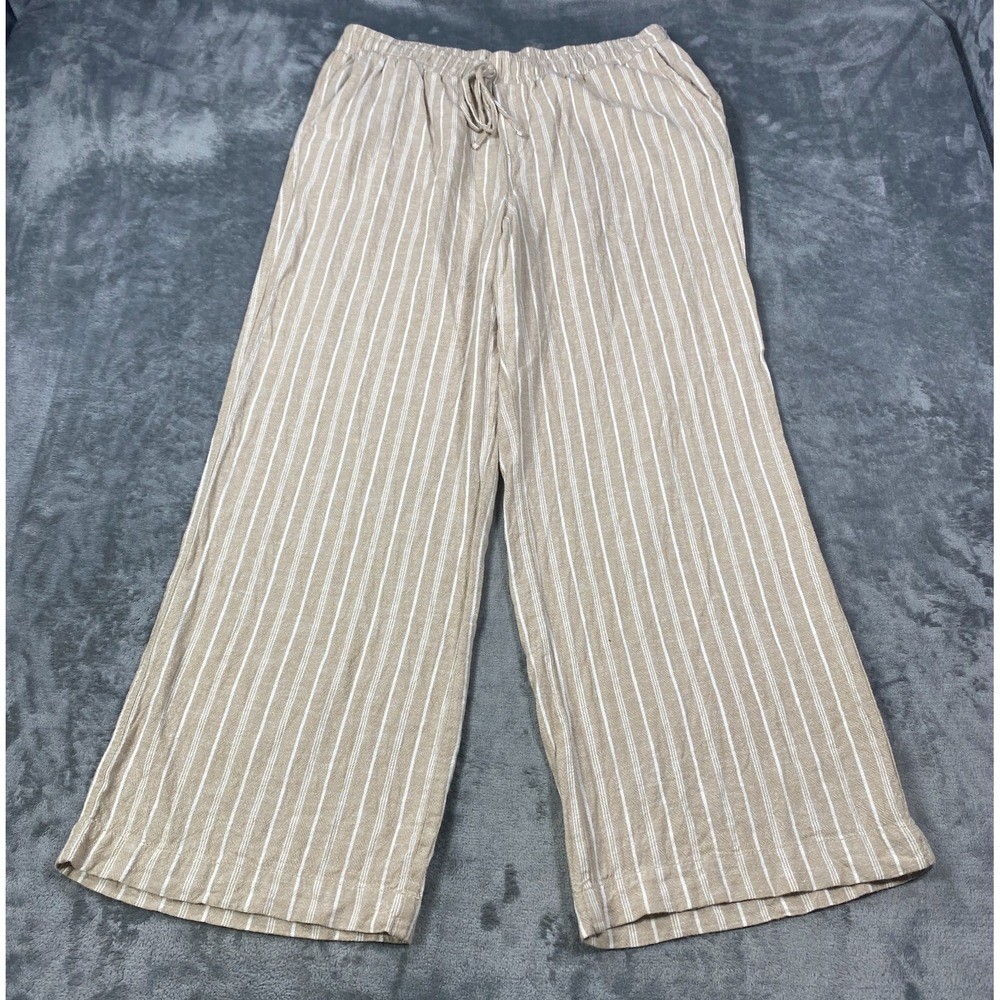 Womens Wide Leg Linen Blend Pants Sz XL Striped Beige Summer Coastal Flare Boho